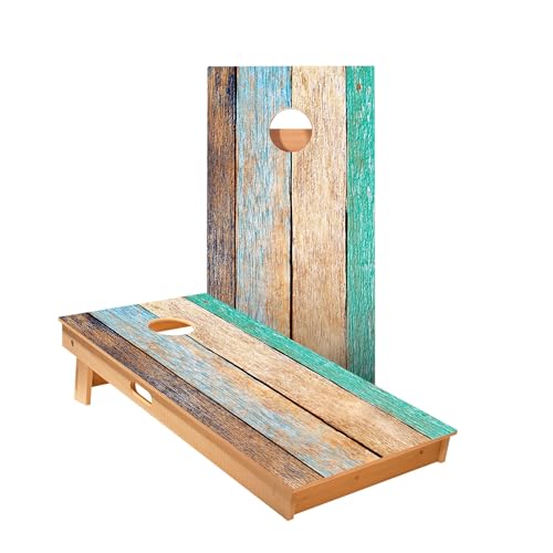 Skip's Garage Painted Beach Wood Cornhole Boards - Includes (2) Boards (Resin Bags) + (1) Case & (2) Hole Lights