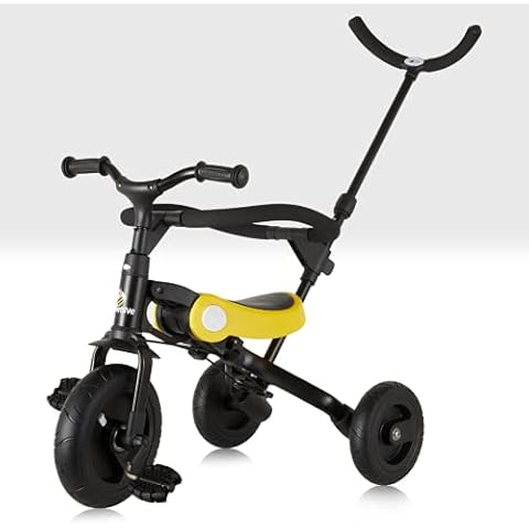 Folding Trike with Parent Handle Kids Multifunctional 3 in 1 Tricycle Balance Bike Black and Yellow with Safety Bar Removable and Lockable Pedals Childs Stroller by Beehive Toys Easy to Assemble Metal Cover
