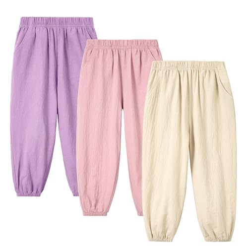 Miipat Lot de 3 Pantalons pour Petites Filles, Enfant Garçons Coton Décontracté Pantalon Dété à Taille Élastique avec Poche Unisexe Baggy Bloomers...