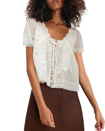 Women Lace Button up Shirt Short Sleeve Semi Sheer Ruffle Blouse Y2k Going Out Tops Coquette Flowy Clothes