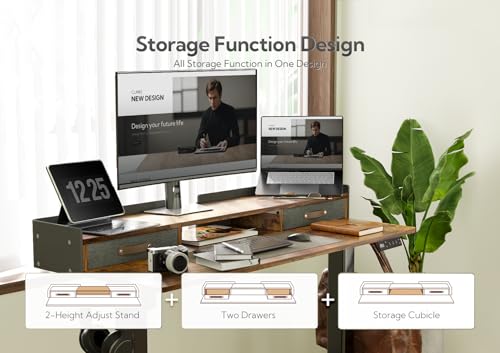 Image of Claiks Standing Desk with Drawers & Wheels, 2 Height Shelf 63 inch Rustic Brown