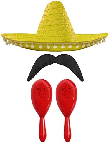 MEXICAN FANCY DRESS ACCESSORY SET - MEXICAN SOMBRERO WITH MARACAS AND TASH BLACK POM POM SOMBRERO + 2X GREEN MARACAS