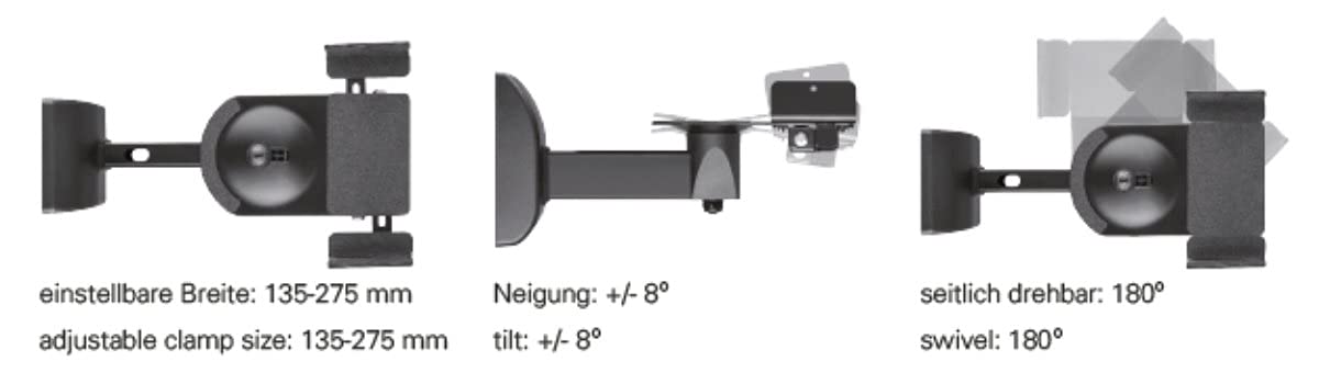 Soporte de pared para altavoz, universal, para estanterías, 2 unidades, soporta 15 kg, sin herramientas, giratorio, inclinación, montaje en pared, tacos de pared, color negro