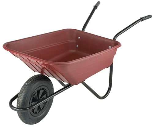 Bristol Shire Mucker Heavy-Duty Burgundy Wheelbarrow With 120kg/90l Capacity, Plastic Pan, Solid Wheel, Anti-Slip Handles