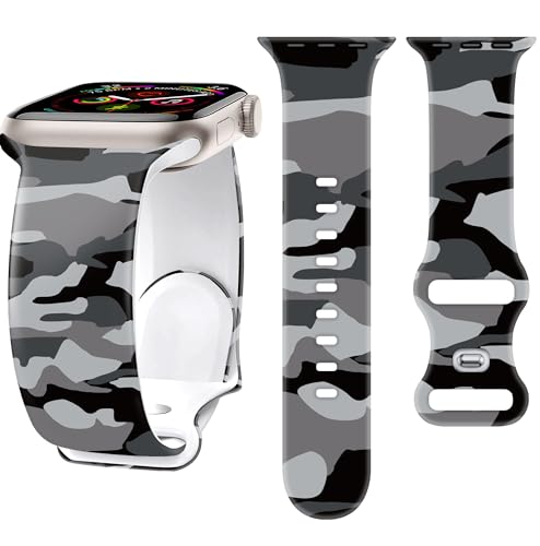 SIBOYL Camo Band fits Apple Watch Bands for Men Women 45mm 44mm 42mm 49mm, Sport Apple Watch Ultra Band for Mens, Silicone Strap for iWatch Bands Series 9 Series 8 SE 7 6 5 4 3 2 1 Ultra 2 1-Black