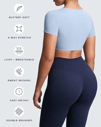 Image of Aoxjox Short Sleeve Crop Tops for Women Sienna Twist Deep V Workout Cropped T Shirt Top