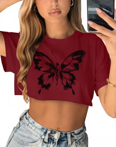 Image of Crop Tops for Women Oversized Short Sleeve T Shirts Crew Neck Cropped Tees