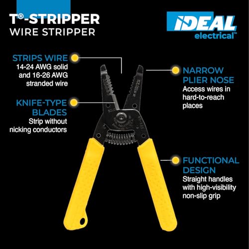 Image of IDEAL Electrical 45-121 T-6 T-Stripper - 14-26 AWG, Yellow Wire Stripper with Looping Holes, Plier Nose, Spring Loaded Automatic Opening