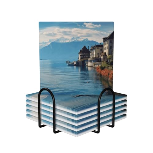 Dessous de verre céramique absorbant de qualité supérieure à dos liège lac Léman - 2