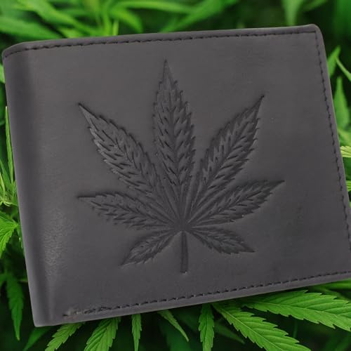 Men’s RFID Blocking Vintage Leather Bifold Wallet – Marijuana Leaf Design – Cannabis Leaf Debossed Genuine Leather Wallet (Black)3