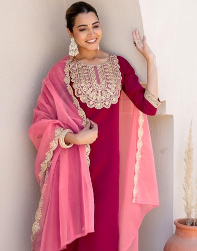 Image of SIRIL Women's Rayon Viscose Sequence Embroidery Work Straight Kurta Pant with Dupatta Set