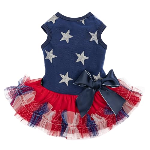 Fitwarm Patriotic Sparkly Stars Dog Dress, 4th of July Clothes for Small Dogs Girl, Pet Outfit, Royal Blue, Red, Silver, Medium