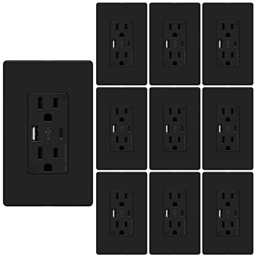 Webang Usb C Outlet, 25W 5.0 Amp 2-Ports Usb Receptacle, 15A Tamper Resistant Wall Outlet With Usb C Ports, Screwless Wall Plate Included, Etl Listed, Black, 10 Pack #TOP20