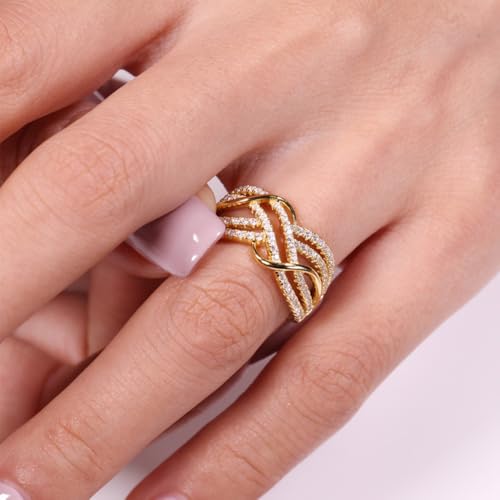 Cubic Zirconia Rings For Women, Gold Ring Copper Geometric Wave Shape Line Diamond Wedding Engagement Statement Stackable Jewelry Gift2