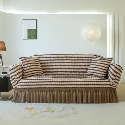 Dingtianlidi ソファーカバー マルチカバー 1-4人掛け ソファー保護 伸縮素材 肘付き フリル付きデザイン 簡単取付 汚れ防止 防塵 耐久性 柔らかい 滑り止め 無地 北欧風 おしゃれ 洗える 四季適用 (4人掛け (235-300cm以内に