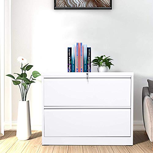 2 Drawer File Cabinet for Home Office Stainless Steel Metal Lateral Filing Cabinet Lockable Large Capacity Metal Office File Cabinets with 2 Keys and 4 Adjustable Hanging Bars White