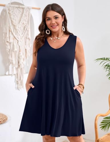 Image of JollieLovin Women Plus Size Curvy Summer Tank Sun Dresses Sleeveless Causal T-Shirt Dress Beach Swing Cover up(L-5X)