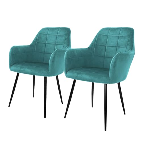 ECD Germany Set 2x Chaises de Salle à Manger Turquoise, Style Moderne/Retro, Dossier et Accoudoirs Rembourrée Aspect Velours, Pieds en Métal Noir, Chaise Ergonomique,...