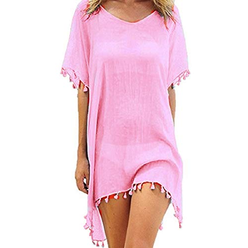 Voqeen Mujer Camisolas y Pareos Ropa de Baño Bikini Cover Up Vestido Playa Suelto Borla Verano Transparente Vestido de Playa (Rosado)