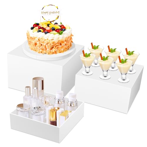 UTOCLEC Lot de 3 présentoirs à Dessert en Acrylique Blanc, Presentoir Aperitif Buffet Cube, pour Traiteur, Dessert, Bijoux, Figurines, Bonbons, Aliments (Blanc, (20/17.7/15 .5cm)
