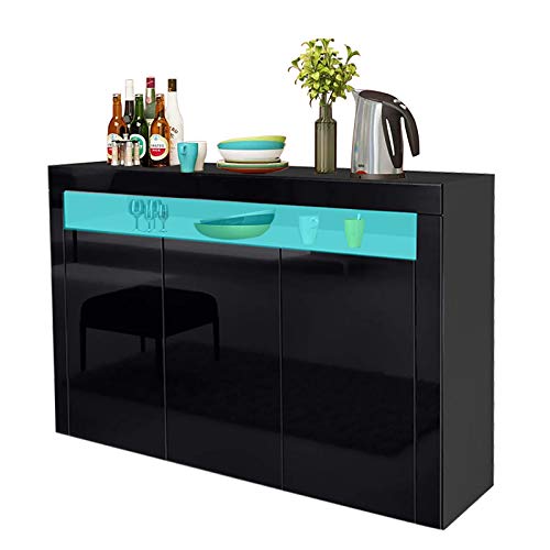 Dripex - Buffet à LED, meuble de rangement avec corps mat et façade brillante pour salle à manger et salon - 3 portes - Noir