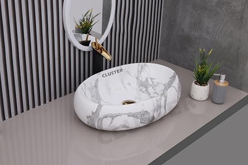 Image of CLUSTER Designer Glossy Ceramic Table Top Wash Basin For Bathroom | Countertop Bathroom Sink For Livingroom, Resturant Decor, Oval Shape (24 x 16 x 6 inch)