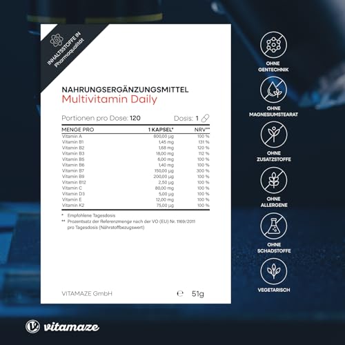 Multivitamin Kapseln hochdosiert, 13 Vitamine A, B, C, D, E, K, 120 vegetarische Kapseln für 4 Monate, ohne Jod, Natürliche Nahrungsergänzung ohne Zusatzstoffe, Made in Germany