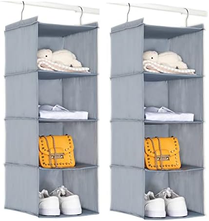 BrilliantJo 2PCS Hanging Closet Organizer, 4 Shelves Hanging Wardrobe Storage Shelves with Hook for Clothes Storage, Washable Oxford Cloth Fabric, 31"x12"x12"(Blue-Gray)