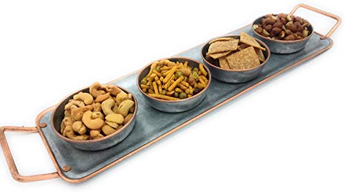 Galrose Appetizer Tray with Snack Bowls – Galvanized Iron with Rose Gold Trim 16.75 x 5.25” Serving Platter with Serving Dishes for Parties. Chip & Dip Serving Set. 6th Iron Anniversary Gift for Her