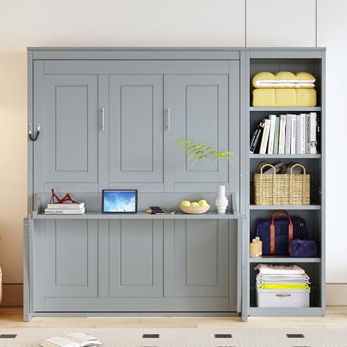 Merax Space Saving Murphy Bed with Desk, Fold into The Wall, Pine Wood Murphy Bed Frame Full Size with Storage Shelves for Multipurpose Guest Room, Home Office, No Box Spring Needed, Gray