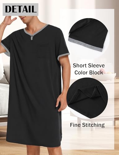 Men's Short Sleeve Nightshirt Long Nightgown Casual Color Block Sleep Shirt with Pocket S-XXL4