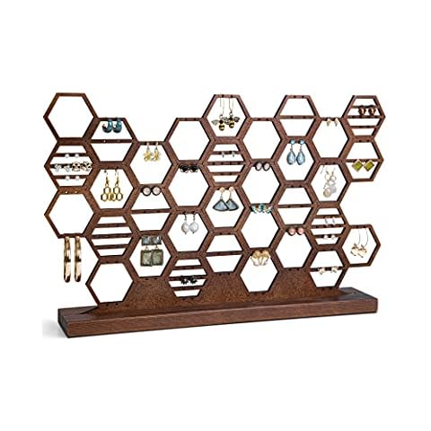 Heesch Earring Holder Organizer Honeycomb Earring Stand Wood Earring Display Beehive Jewelry Organizer Stand for Stud Earrings (Walnut Wood Color) Cover