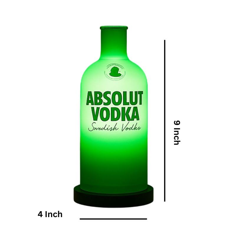 Image of Upcycled Vodka Decorative Bottle Lamp with Wooden Base & Built-in LED Light | Stylish Home & Bar Decor (Green)