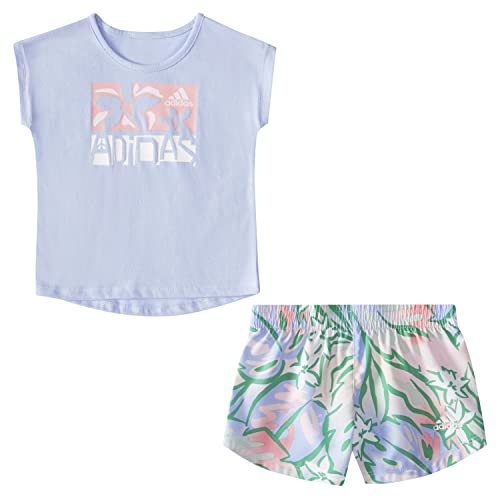 Image of adidas All Over Print Woven T-Shirt and Shorts 2 Piece Set Tracksuit Baby Girls, Blue (Blue Dawn), 6M US