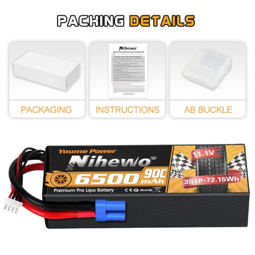 3S Lipo Battery 2Packs 11.1V 6500mAh RC Lipo Battery 90C Hard Case with EC5 Connector Compatible with Traxxass Arrma HPI 1/8 1/10 RC Truck Vehicles Car Truggy Buggy Tank Hobby by Nihewo - Image 6