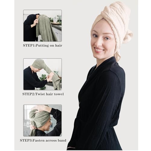Image of ROLSHOL 2 Packs Large Microfiber Hair Towels for Women, Super Absorbent & Quick Dry Hair Towel Wrap for Curly Hair Long & Short Hair- Anti-Frizz Hair Turbans for Wet Hair (Green & Clay)
