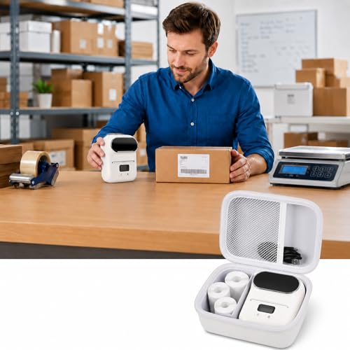 Image of Boobowl Hard Case for Phomemo M110 /M110S Label Maker, Case Only | Organized Label Roll Storage, Mesh Pocket for Charging Cable, Home Office Inventory, Small Business - White