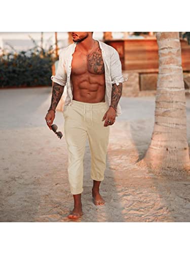 Mateam Linen Blend Pants Men Beige Mens Linen Pants Men's Loose Fit Pants 36 #TOP2