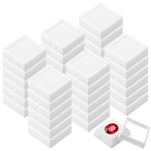 HOFURME 36 Pcs White Gemstone Display Box Jewelry Box Container with Clear Top Lids Bulk 1.6'' x1.6 x 0.6'' for Gems Diamond Coins Gift Packing Ring Home Shop (White)