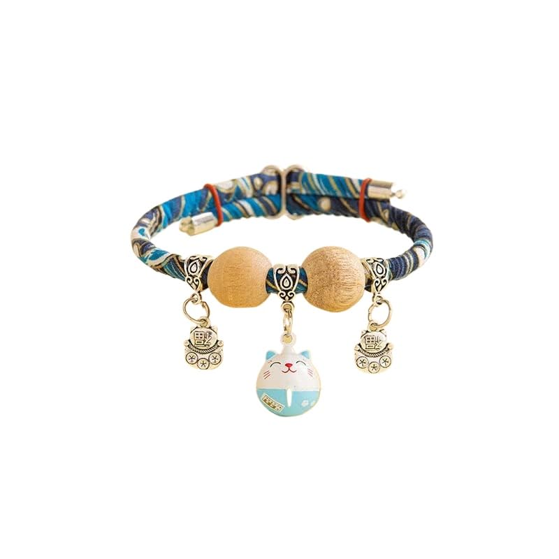 Cat Collar with Bell - Japanese Style Lucky Charm Adjustable Natural Camphor Bead Pet Collar Handmade Fortune Pendant Necklace for Cats Small Dogs Daily Wear or Gift (Blue,L For 10-22.5)