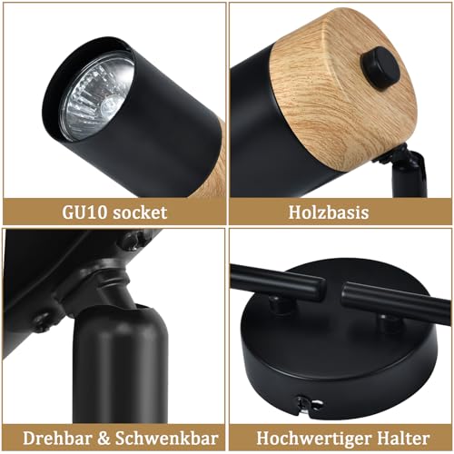 Glitzerlife sufitowy reflektor drewniany czarny lampa sufitowa - lampa sufitowa 4 płomienie GU10 LED obrotowy 330° reflektor do salonu sypialni kuchni pokoju dziecięcego bez żarówek