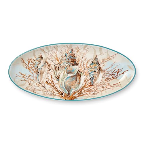 Escape to the Sea 19.5x8.5-Inch Fish Platter, Coastal Seashell & Coral Design, Durable Ceramic, Dishwasher Safe, Elegant Ocean-Inspired Serving Tray for Seafood, Appetizers & Desserts by Certified International - Used condition - US$30.97