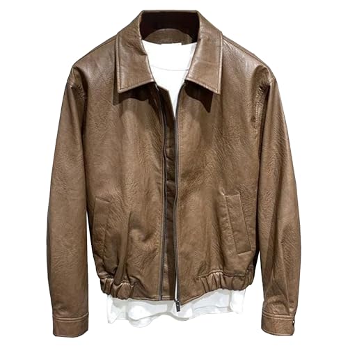 JEKE-DG Men's Long Sleeve Short Motorcycle Coat Lapel Full Zip Bomber Coat Jacket Faux Leather Loose Fit Coats