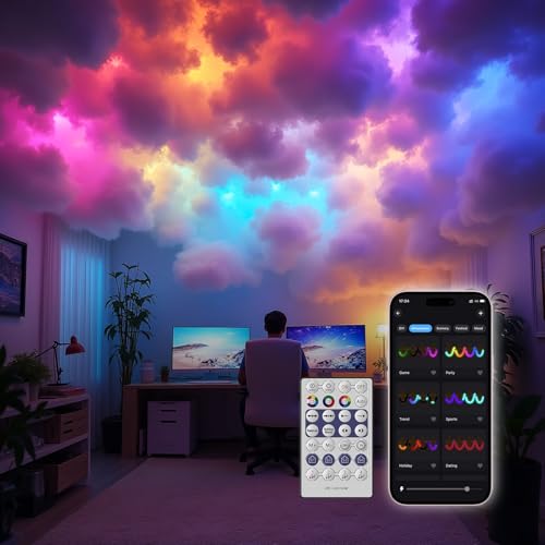 Image of USB Thundercloud LED Light, DIY RGB+IC Chasing Music Sync 3D Cotton Ceiling Cloud Lights with APP and Remote Control for Kids Room Decor (RGB+IC, 17ft)