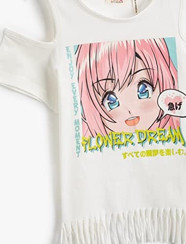 Koton T-Shirt Corta In Cotone Per Bambine Con Stampa Anime E Dettaglio Tagliato - Colore Ecru, Taglia 6/7 Anni