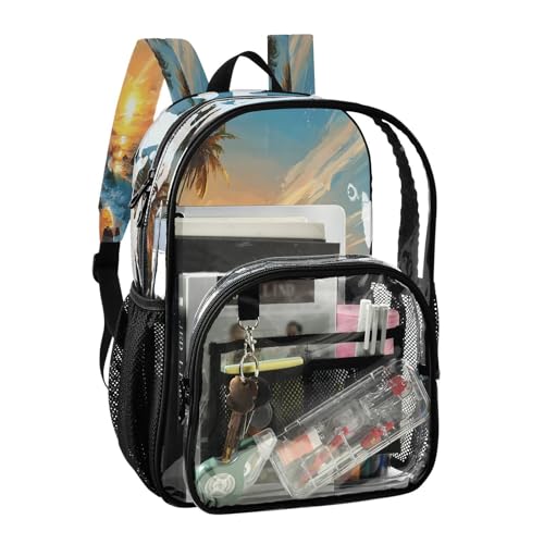 Palm Tree Beach Sea Clear Backpack Heavy Duty See Through Transparent PVC BookBag for Kids Boy Girl School Work2