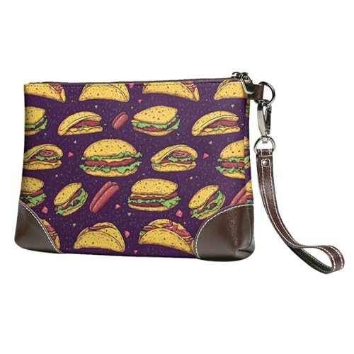 Nevjipu Monederos pequeños de mano para mujer, con estampado de hamburguesa, de piel, portátil, con correa para la muñeca