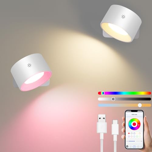 Diealles Shine Smart Applique da Parete Interno 2 Pezzi, Ricaricabile Lampada da Parete, Dimmerabile Lampada a Batteria, Ruotare 360°, RGB e Atmosfera Modalità, APP e Controllo Touch, Bianco