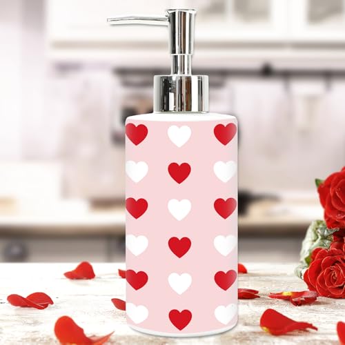 JarThenaAMCS Valentines Day Soap Dispenser Glass Dispenser with Pump Refillable Pink Red White Heart Liquid Soap Container for Kitchen Bathroom Countertop Decor