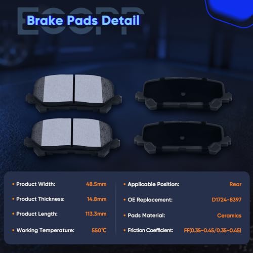 Image of ECCPP 4 x Rear Ceramic Brake Pads D1724 Fit For Honda For Pilot 2016-2021 | For Acura For MDX 2014-2016,For Honda For Passport 2019-2021,For Honda For Ridgeline 2017-2020 Disc Brake Pad Set